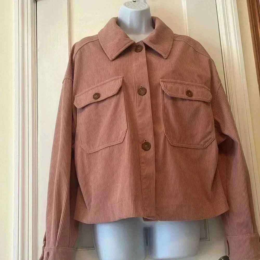 Avec Les Filles Corduroy Relaxed Fit Shacket Shirt Crop Jacket Womens Large Pink